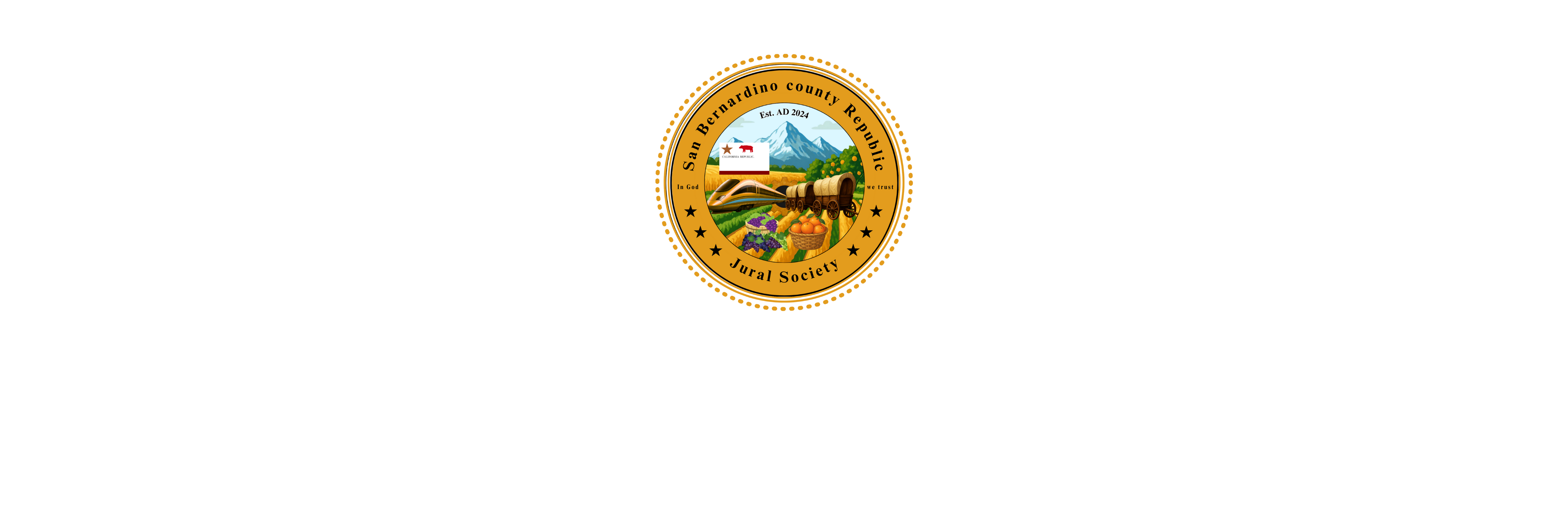 Seal of the Jural Society of the San Bernardino County Republic, established AD 2024, featuring agricultural imagery and stars.