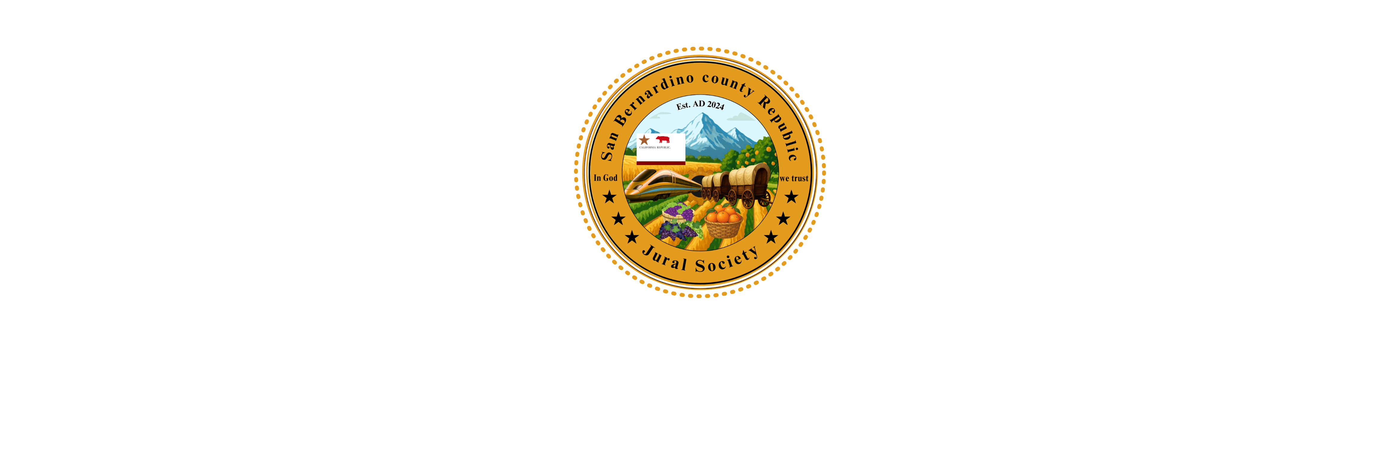 Logo of the Jural Society of the San Bernardino County Republic featuring a golden seal with agricultural elements, mountains, and a California flag.